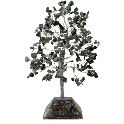 Alberello magico con pietre di agata muschiata su base in orgonite