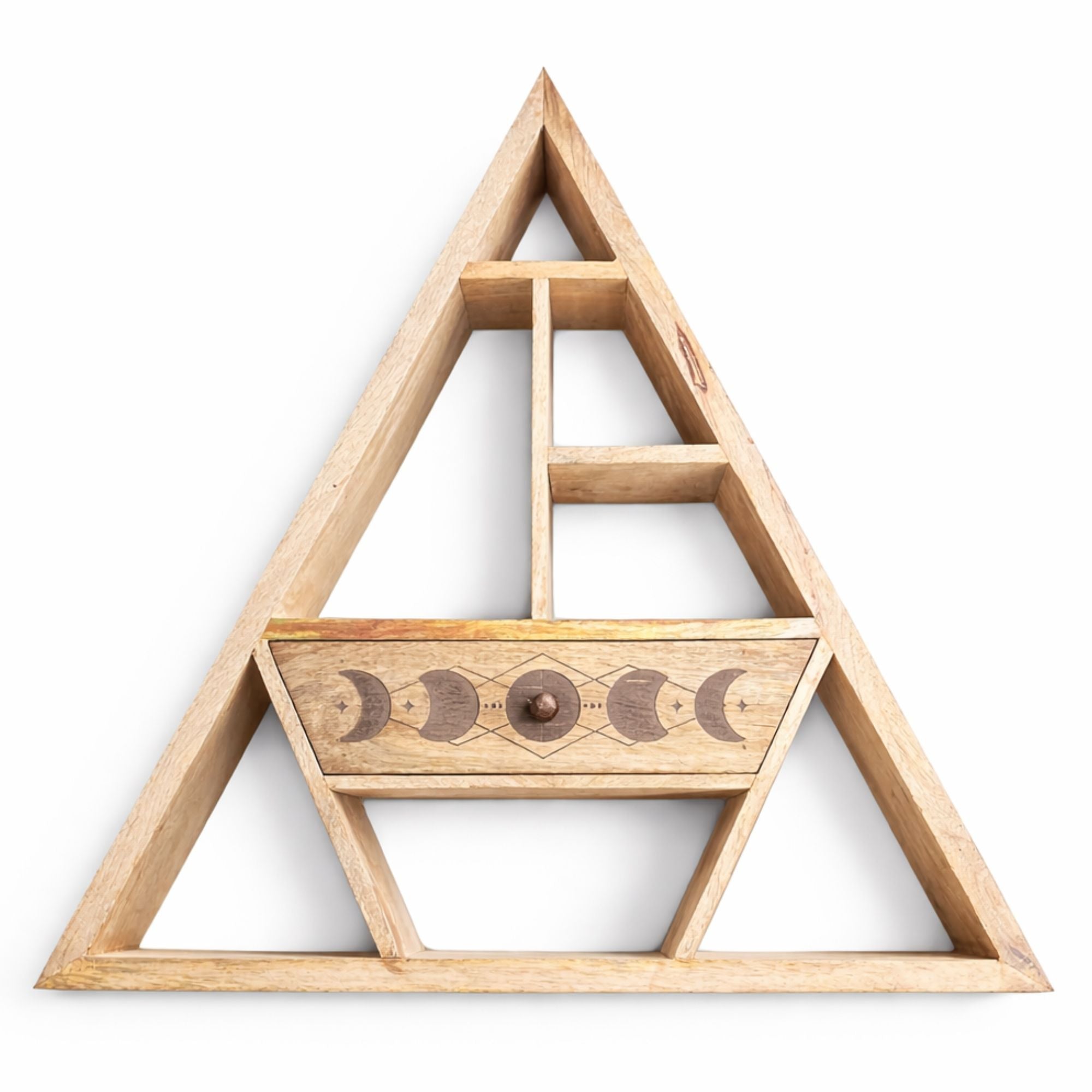 Mensola magica triangolare da parete con cassetto - mango artigianale, design fasi lunari, 53x53x9 cm
