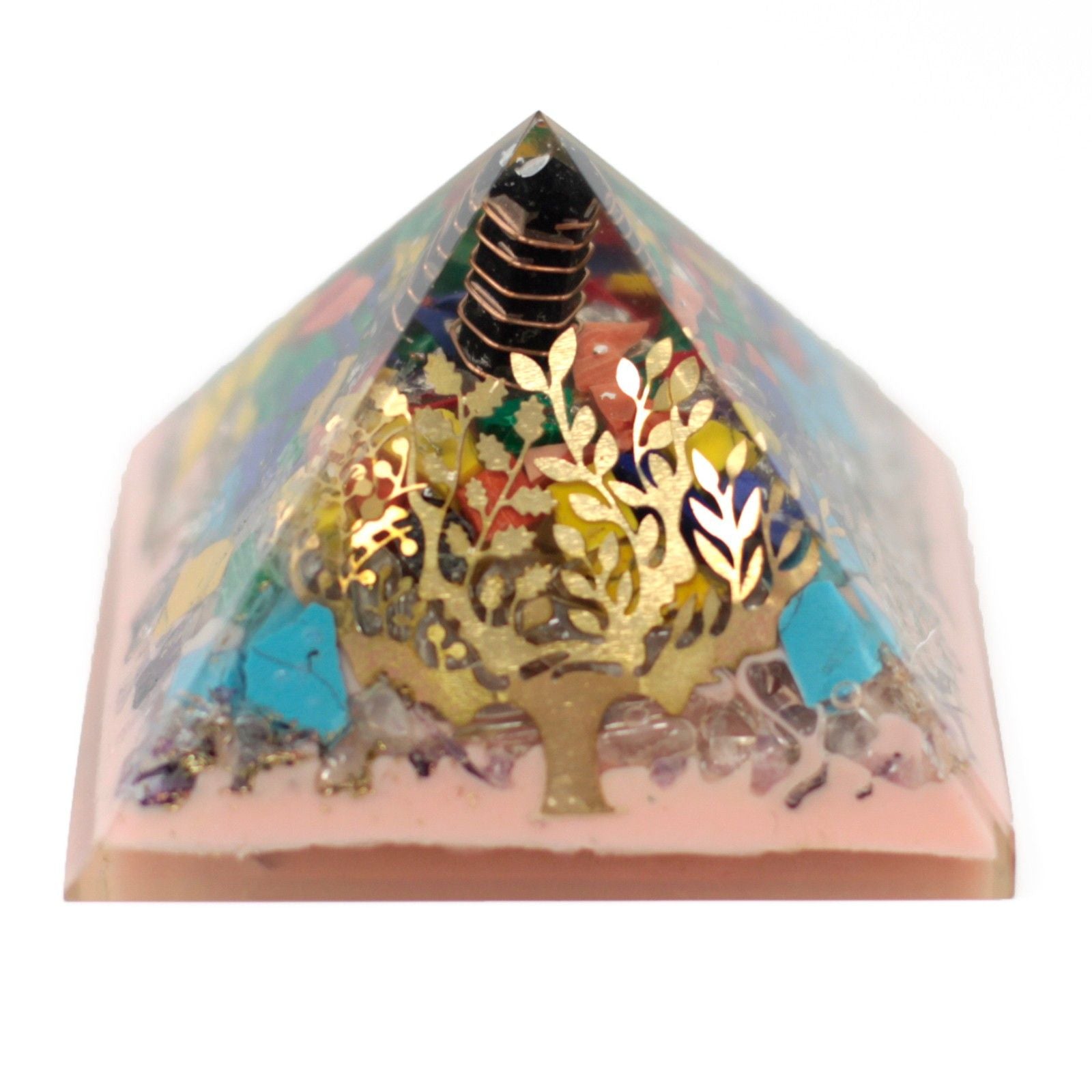 Piramide Orgonite 70mm - Albero con pietre preziose, rame e inserti metallici