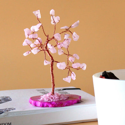 Alberello Magico di Pietre Quarzo Rosa su Base di Agata Rosa
