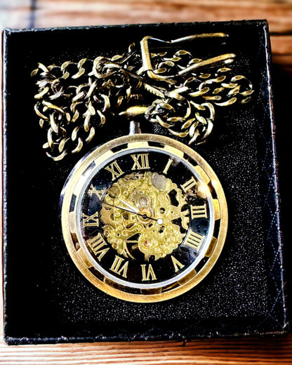 Orologio da Tasca Retrò – Meccanico, Colore oro satinato con nero, Lussuoso, Impermeabile, Semiautomatico, personalizzazione con incisione