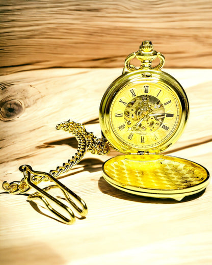 Orologio da Tasca Meccanico Classico con Doppio Coperchio, Manuale, Colore Oro, con Incisione