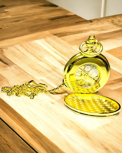 Orologio da Tasca Meccanico Classico con Doppio Coperchio, Manuale, Colore Oro, con Incisione