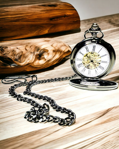 Orologio da Tasca Meccanico Classico con Doppia Copertura – Manuale, Nero, personalizzazione con incisione