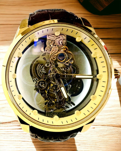 Orologio da Uomo con Meccanismo Trasparente - Eleganza e Precisione in Montatura Dorata