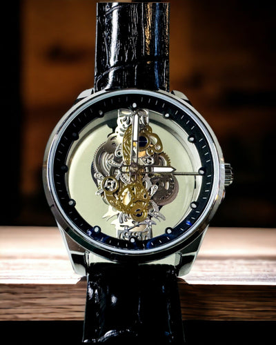 Orologio da Uomo al Quarzo con Quadrante Trasparente - Eleganza Classica in una Versione Moderna cinturino nero. Personalizzazione con incisione