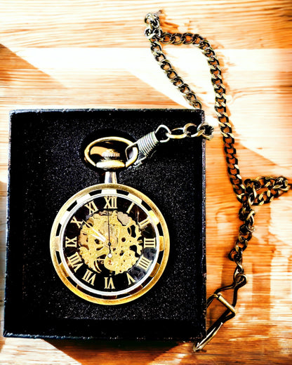 Orologio da Tasca Retrò – Meccanico, Colore oro satinato con nero, Lussuoso, Impermeabile, Semiautomatico, personalizzazione con incisione