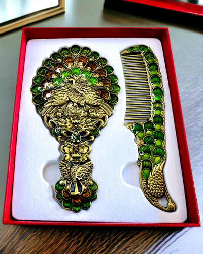 Set Vintage con Specchio e Pettine a Motivo di Pavone - Accessori Cosmetici Decorativi