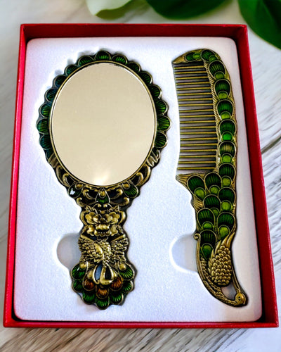 Set Vintage con Specchio e Pettine a Motivo di Pavone - Accessori Cosmetici Decorativi