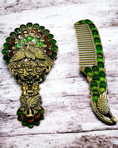 Set Vintage con Specchio e Pettine a Motivo di Pavone - Accessori Cosmetici Decorativi
