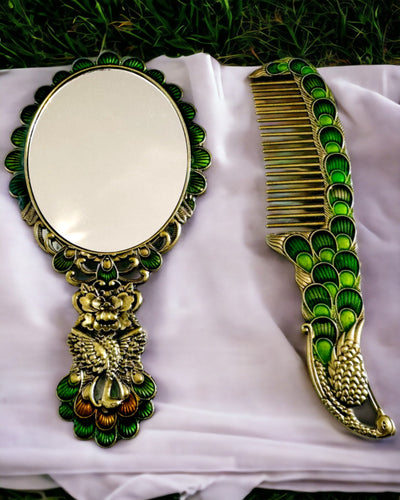 Set Vintage con Specchio e Pettine a Motivo di Pavone - Accessori Cosmetici Decorativi