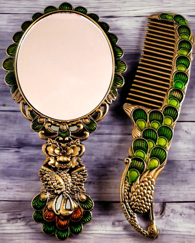 Set Vintage con Specchio e Pettine a Motivo di Pavone - Accessori Cosmetici Decorativi