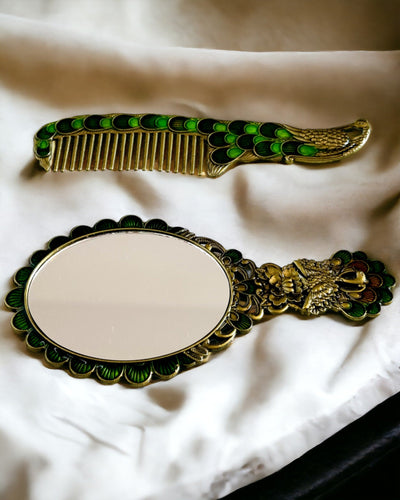 Set Vintage con Specchio e Pettine a Motivo di Pavone - Accessori Cosmetici Decorativi