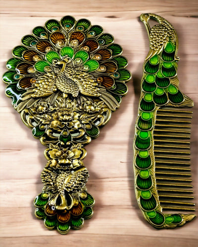 Set Vintage con Specchio e Pettine a Motivo di Pavone - Accessori Cosmetici Decorativi