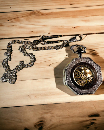 Orologio da Tasca Meccanico Ottagonale Classico in Argento con Quadrante Scheletrato in Stile Steampunk