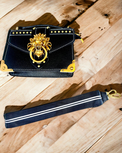 Borsa a Tracolla Quadrata alla Moda con Accento Leone - colore nero