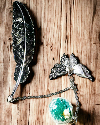 Segnalibro Creativo in Stile Retrò con Motivo di Piuma e Farfalla – Elegante Regalo Promozionale, Colore Argento/Blu