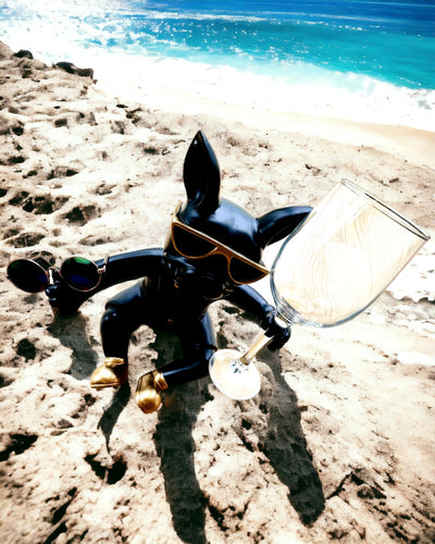 Figura esclusiva "Bulldog Elegante", colore nero, supporto per bicchiere di vino o champagne, personalizzazione con incisione