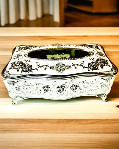 Scatola per Fazzoletti con Motivo a Rilievo di Rosa - Elegante Accessorio per Interni, bianco