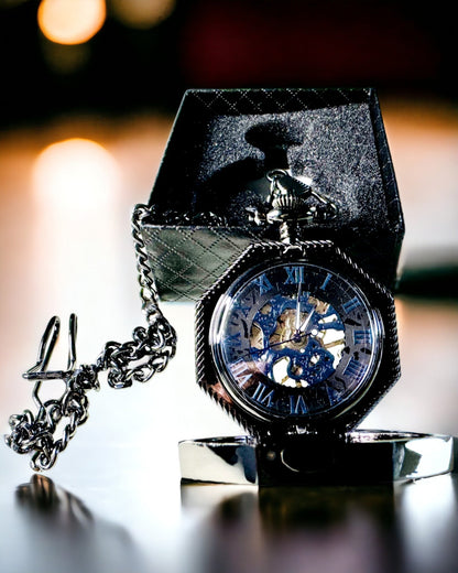 Orologio da Tasca Meccanico Ottagonale Classico Steampunk Nero, Incisione
