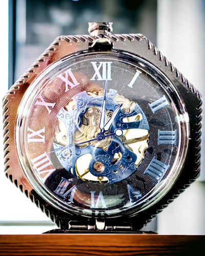 Orologio da Tasca Meccanico Ottagonale Classico Steampunk Nero, Incisione