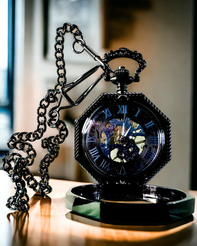 Orologio da Tasca Meccanico Ottagonale Classico Steampunk Nero, Incisione
