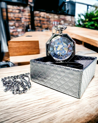 Orologio da Tasca Meccanico Ottagonale Classico Steampunk Nero, Incisione