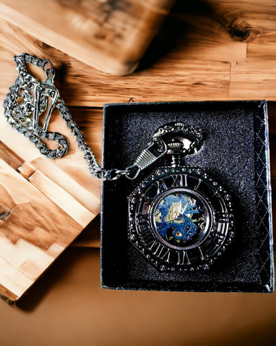 Orologio da Tasca Meccanico Ottagonale Classico Steampunk Nero, Incisione