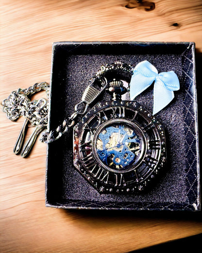 Orologio da Tasca Meccanico Ottagonale Classico Steampunk Nero, Incisione