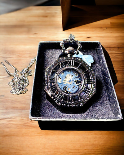 Orologio da Tasca Meccanico Ottagonale Classico Steampunk Nero, Incisione