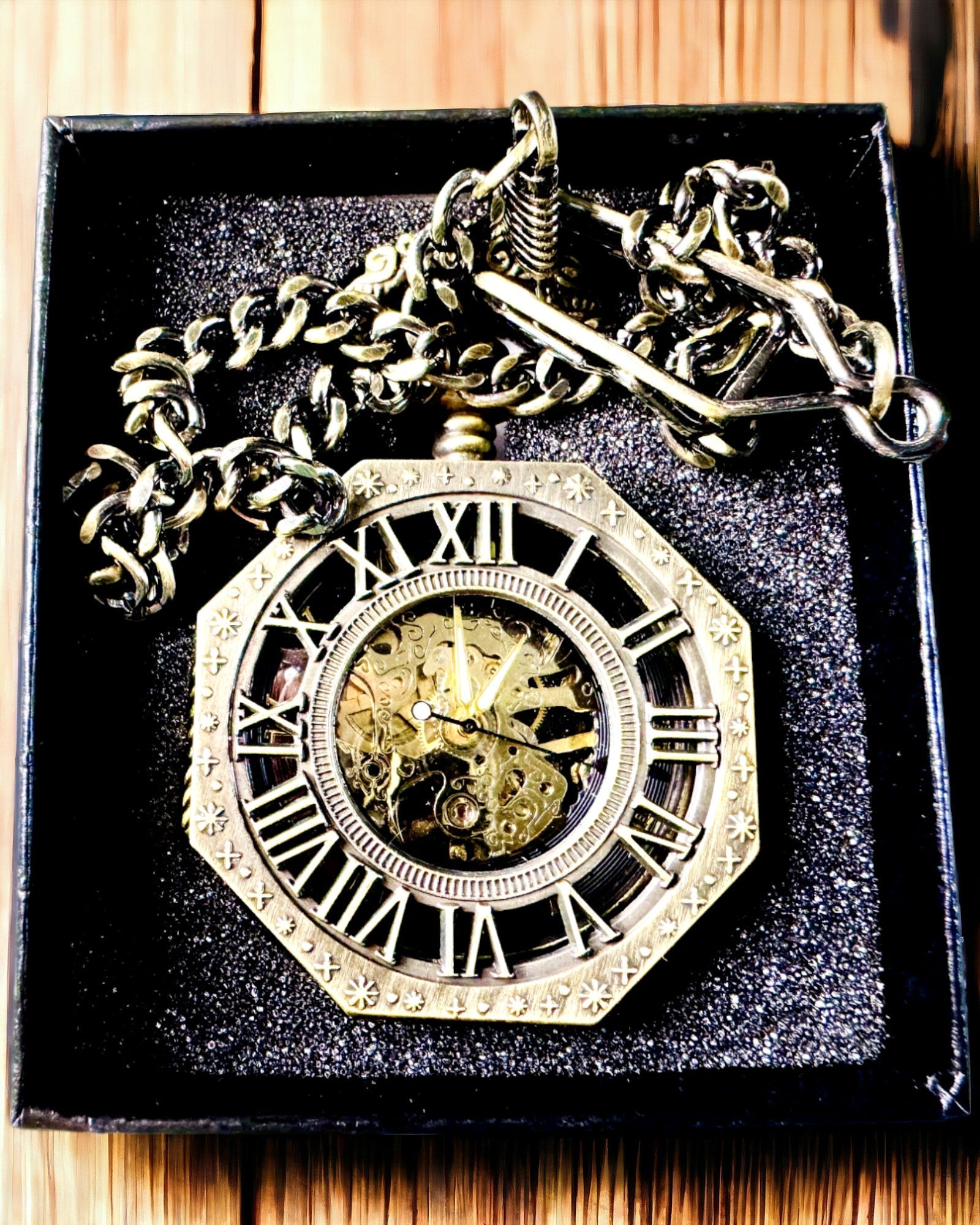 Orologio da Tasca Meccanico in Stile Steampunk Ottagonale Classico Colore Marrone - Senza Tempo