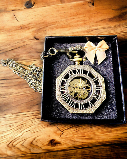 Orologio da Tasca Meccanico in Stile Steampunk Ottagonale Classico Colore Marrone - Senza Tempo