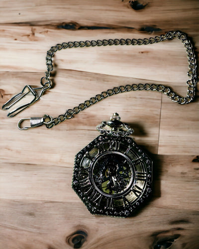 Orologio da Tasca Meccanico Ottagonale Classico in Argento con Quadrante Scheletrato in Stile Steampunk