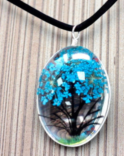 Brezza Marina – Set di Gioielli Blu-Verde con Fiori Essiccati Albero della Vita