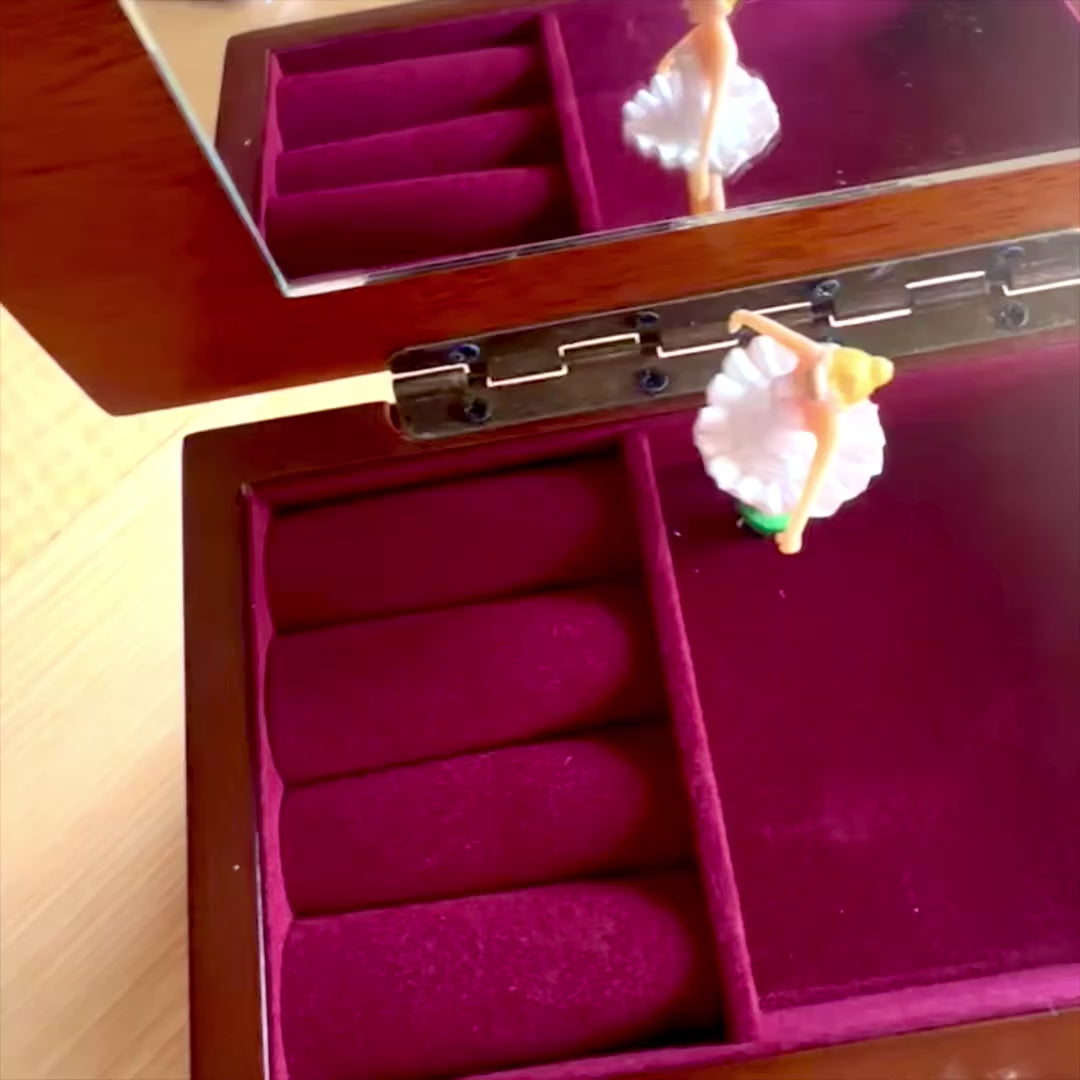 Carillon-portagioie in legno con specchietto e incisione: elegante regalo per gioielli con due cassetti, altezza 10 cm, melodia "The Entertainer"