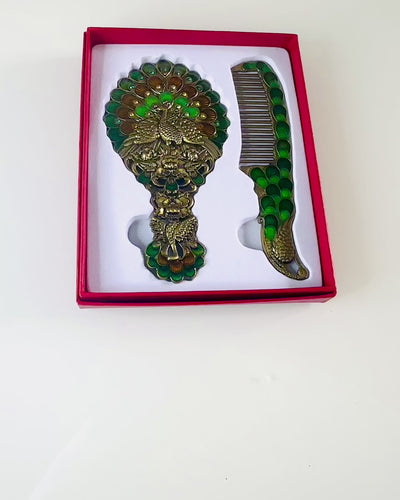 Set Vintage con Specchio e Pettine a Motivo di Pavone - Accessori Cosmetici Decorativi