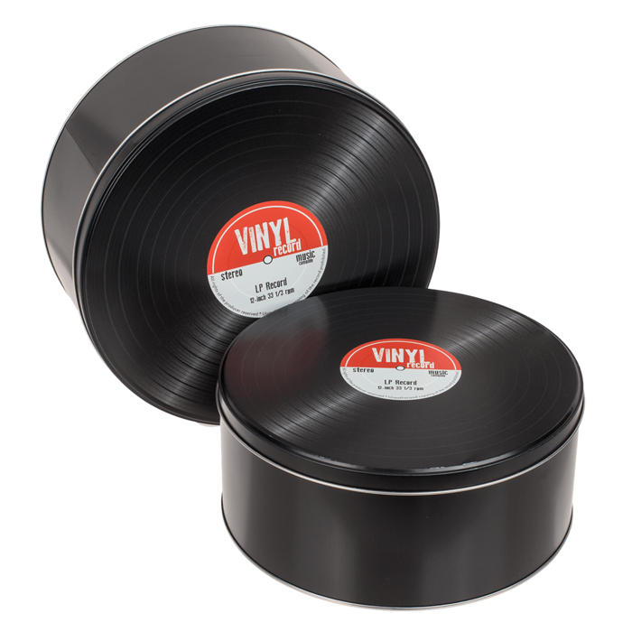 Scatole in metallo, stilizzate come dischi in vinile in stile retrò, personalizzabili con incisione