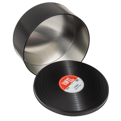 Scatole in metallo, stilizzate come dischi in vinile in stile retrò, personalizzabili con incisione