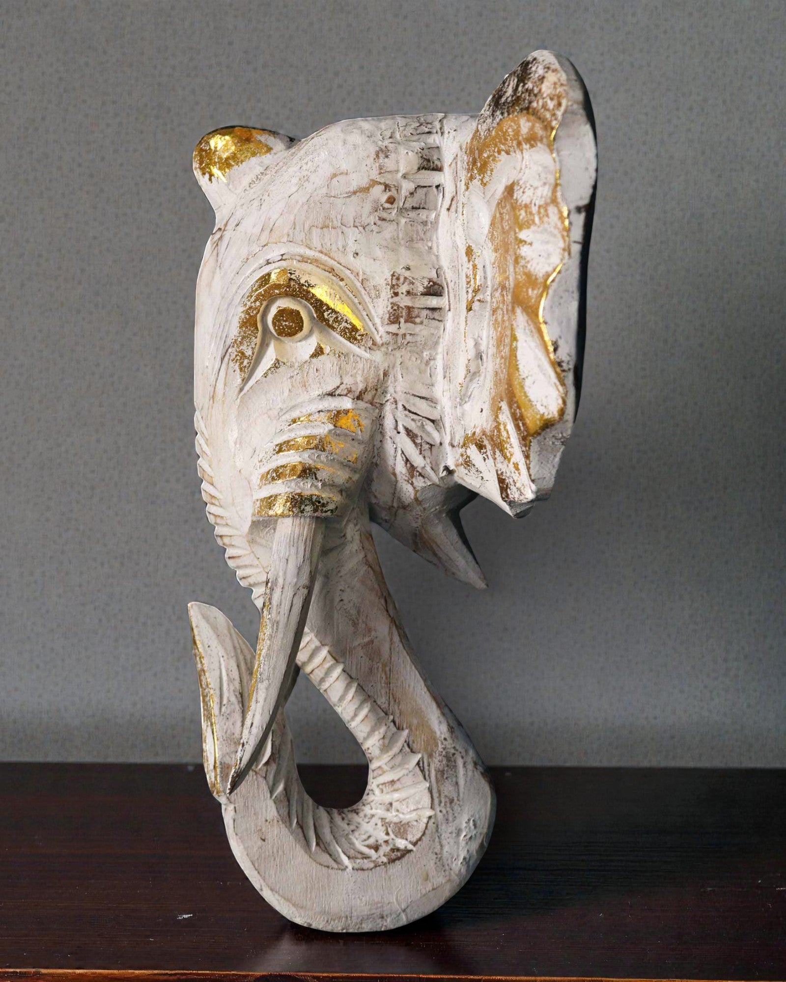 Grande Testa di Elefante 29x26 cm – Bianco e Oro