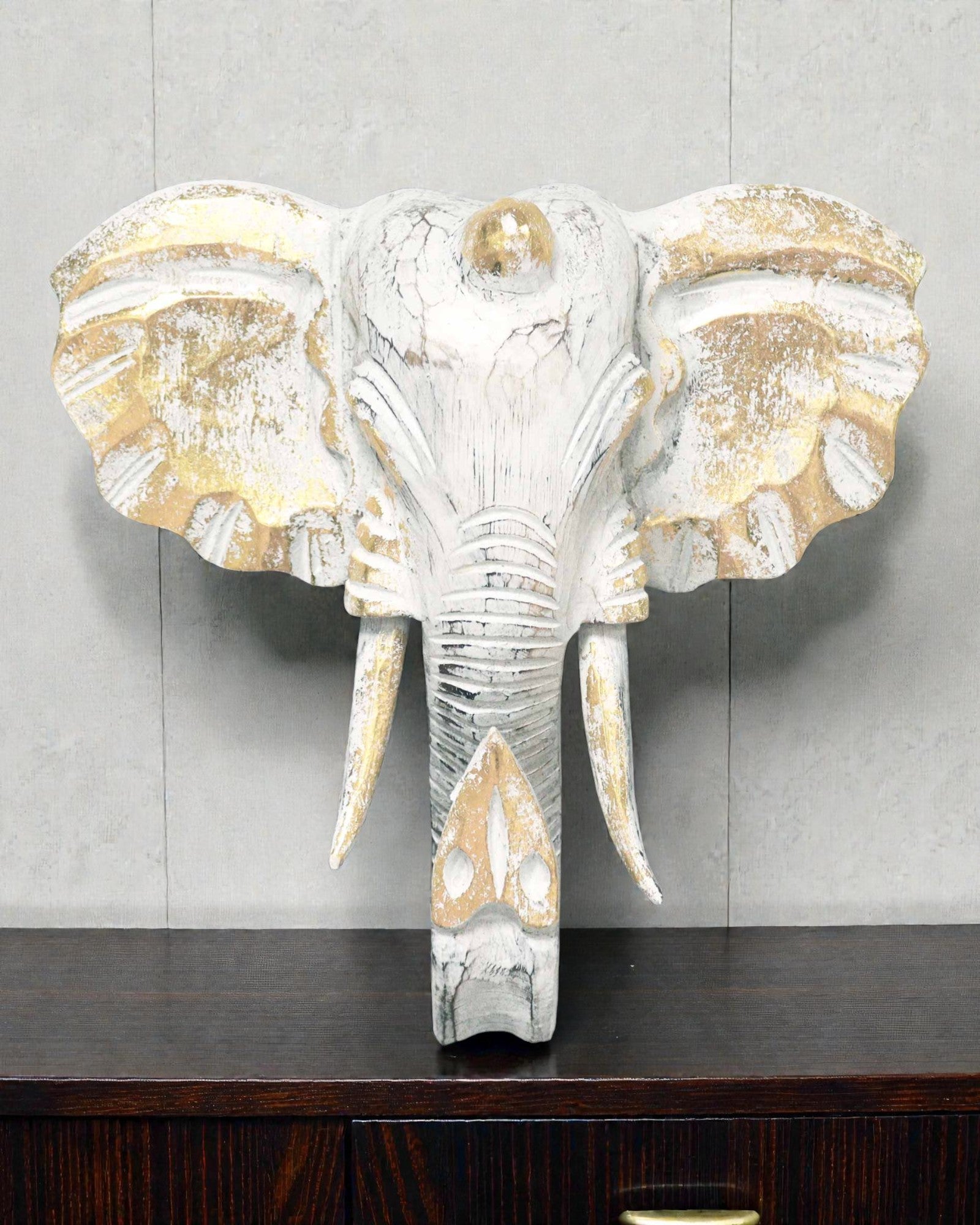 Grande Testa di Elefante 29x26 cm – Bianco e Oro